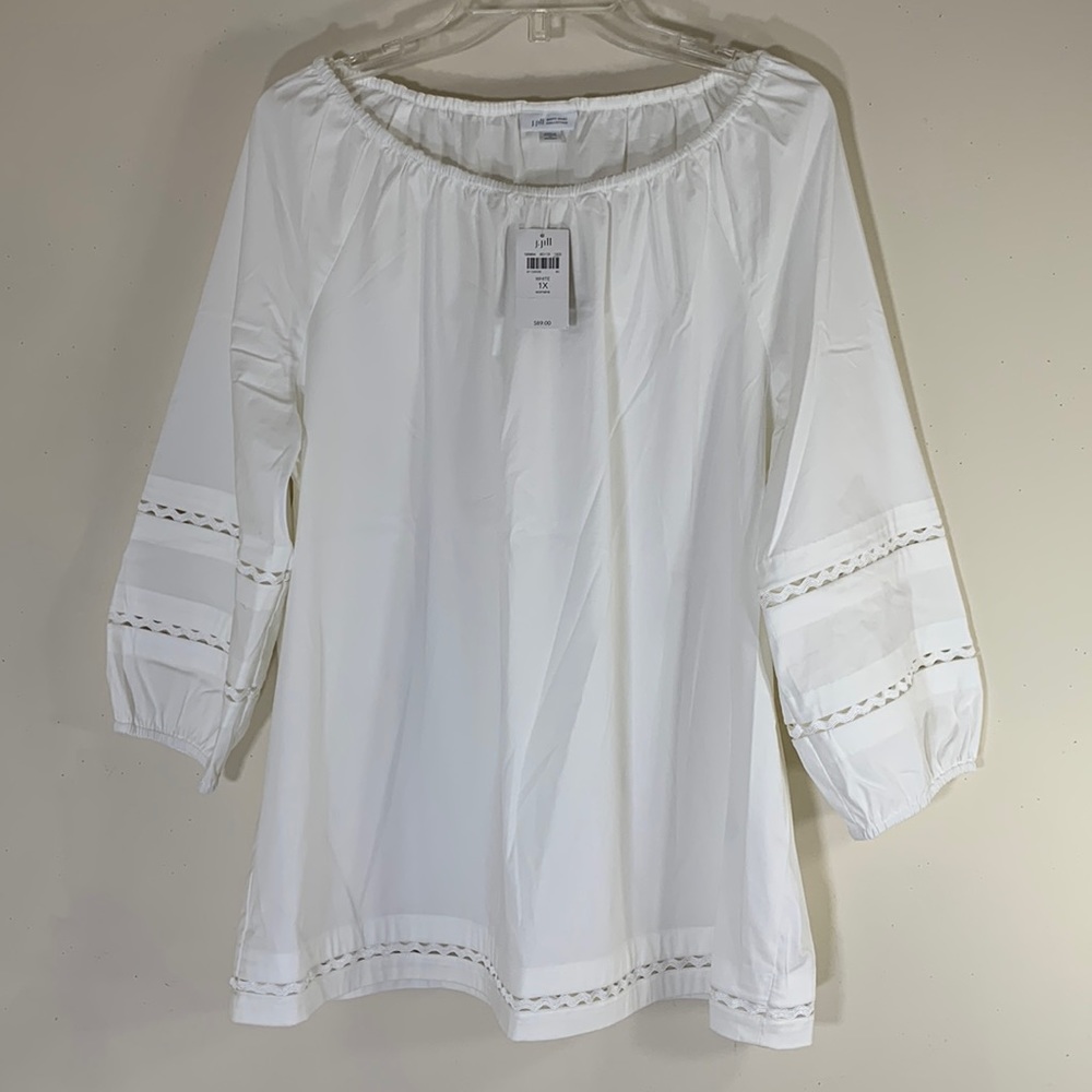 NWT. J Jill White Shirt Collection Women’s Plus-1X Off-Shoulder Lace Blouse.